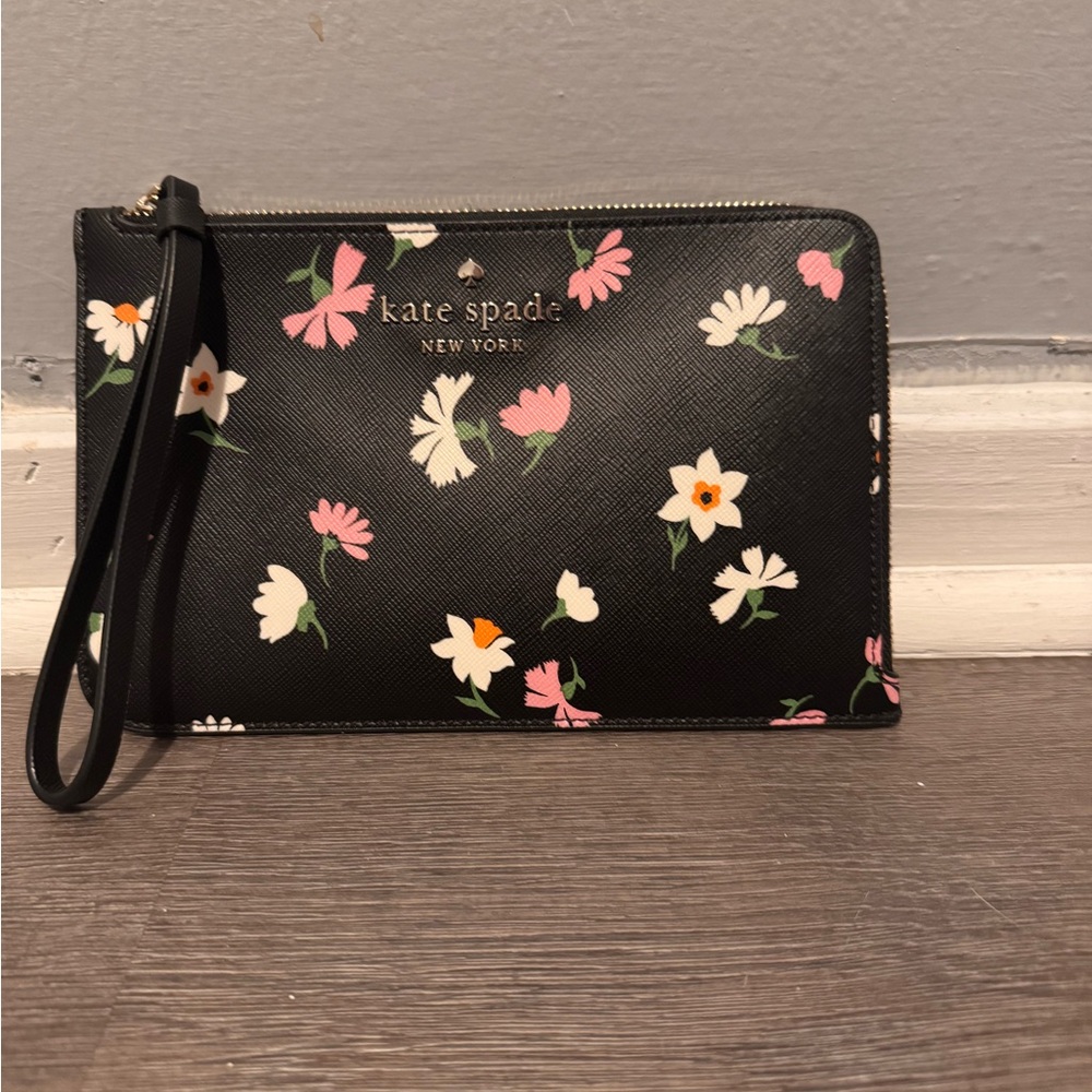 Kate Spade Black Wristlet with Floral Design